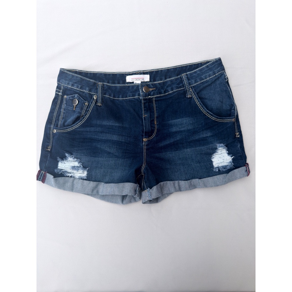 21 Denim Distressed Cuffed Jean Shorts Low Rise Y2K Stretch